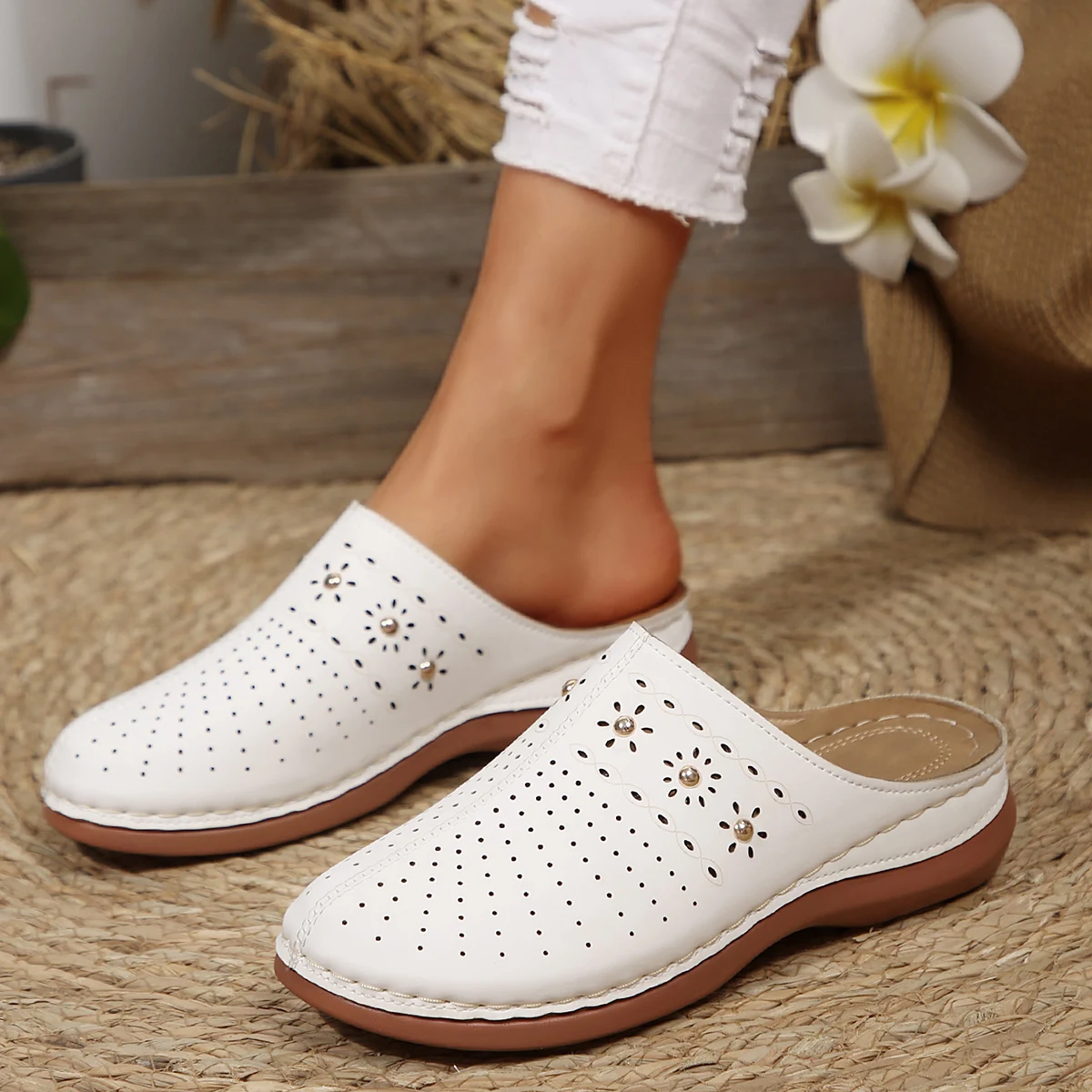 2026 New Fashion Women Slippers Summer Shoes Woman Split Leather Hollows Sandals Breathable Baotou Slippers Big Size 36-43