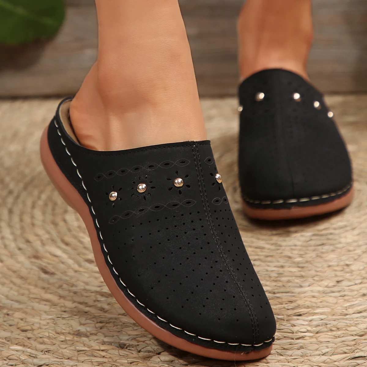 2026 New Fashion Women Slippers Summer Shoes Woman Split Leather Hollows Sandals Breathable Baotou Slippers Big Size 36-43