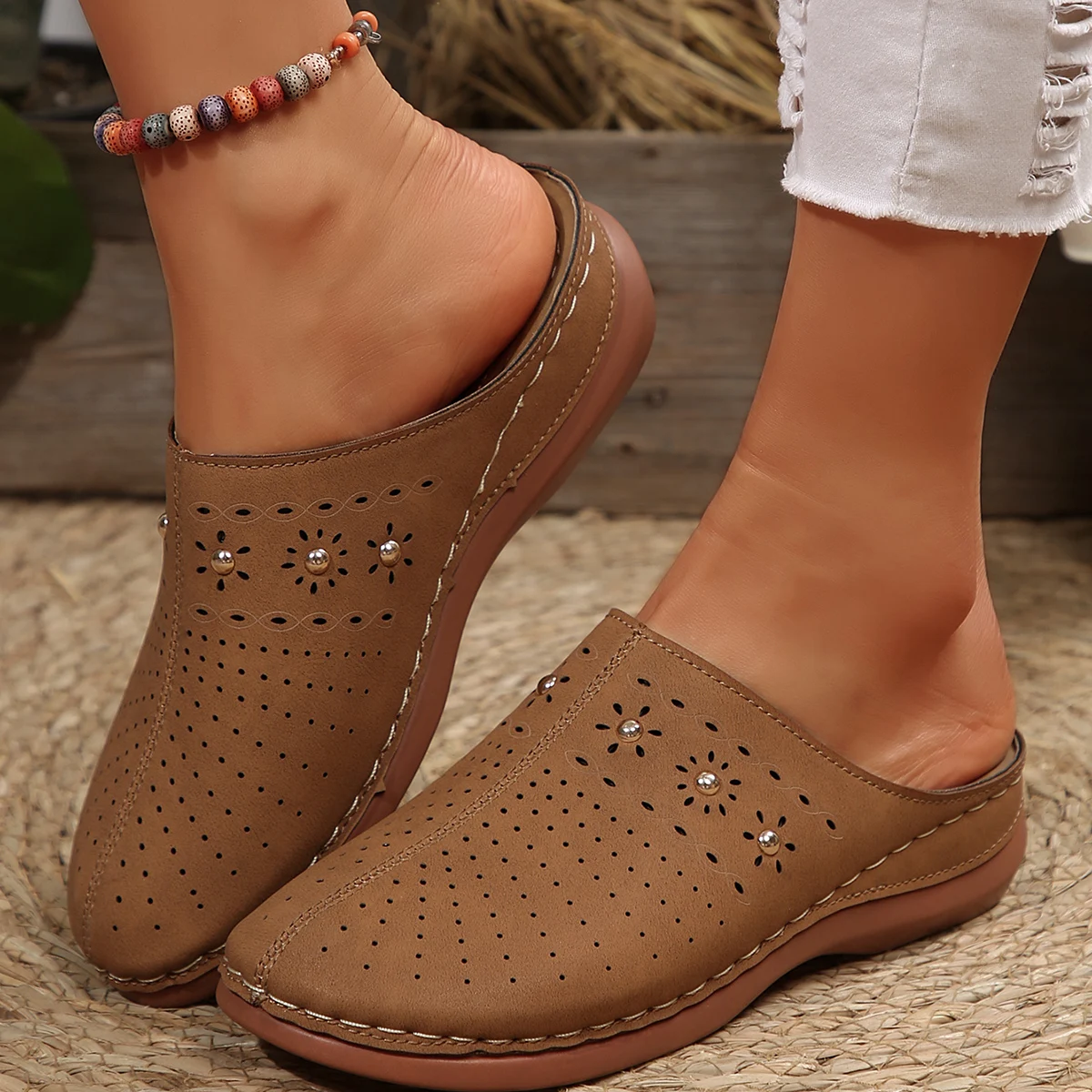 2026 New Fashion Women Slippers Summer Shoes Woman Split Leather Hollows Sandals Breathable Baotou Slippers Big Size 36-43