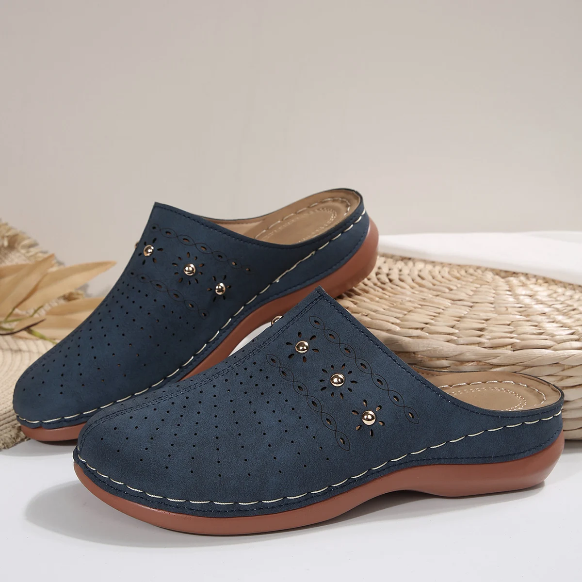 2026 New Fashion Women Slippers Summer Shoes Woman Split Leather Hollows Sandals Breathable Baotou Slippers Big Size 36-43