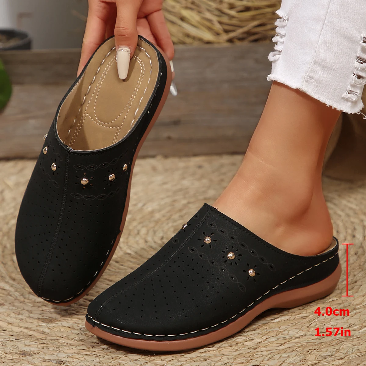2026 New Fashion Women Slippers Summer Shoes Woman Split Leather Hollows Sandals Breathable Baotou Slippers Big Size 36-43