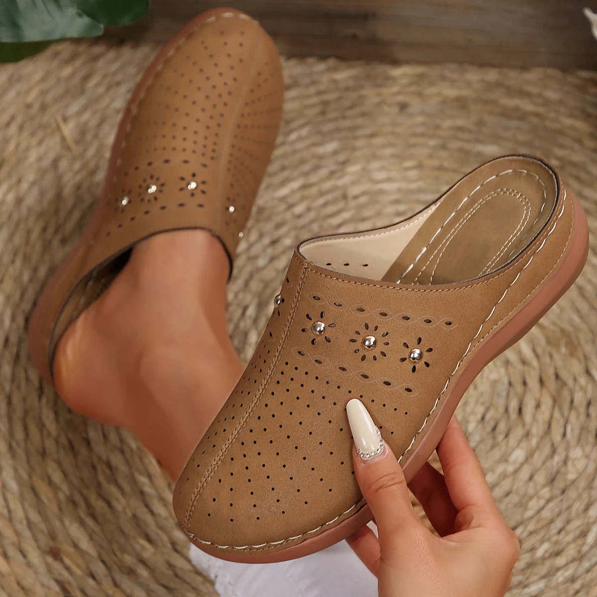 2026 New Fashion Women Slippers Summer Shoes Woman Split Leather Hollows Sandals Breathable Baotou Slippers Big Size 36-43