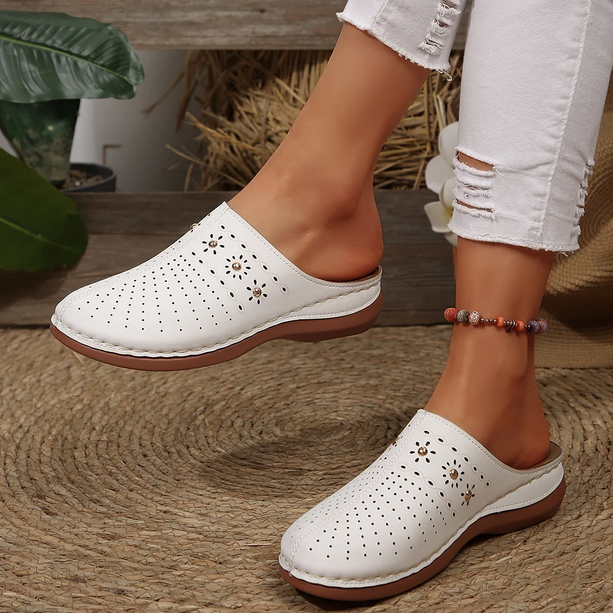 2026 New Fashion Women Slippers Summer Shoes Woman Split Leather Hollows Sandals Breathable Baotou Slippers Big Size 36-43