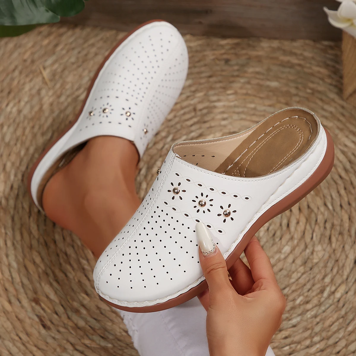 2026 New Fashion Women Slippers Summer Shoes Woman Split Leather Hollows Sandals Breathable Baotou Slippers Big Size 36-43