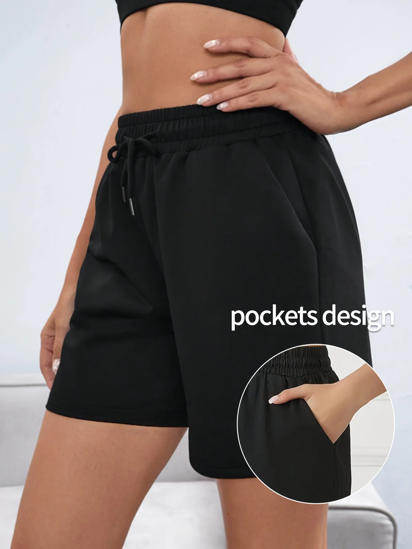 Women's Summer Black Casual Shorts Elastic Waistband Sweat-wicking and Breathable Suitable for Sports Running and Fitness