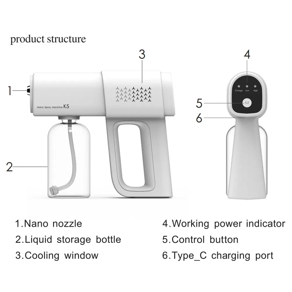 380ml Electric Nano Blue Light Steam Spray Gun K5 Wireless Atomizing Sterilizer C-Type Atomized Household Handheld Sterilizer