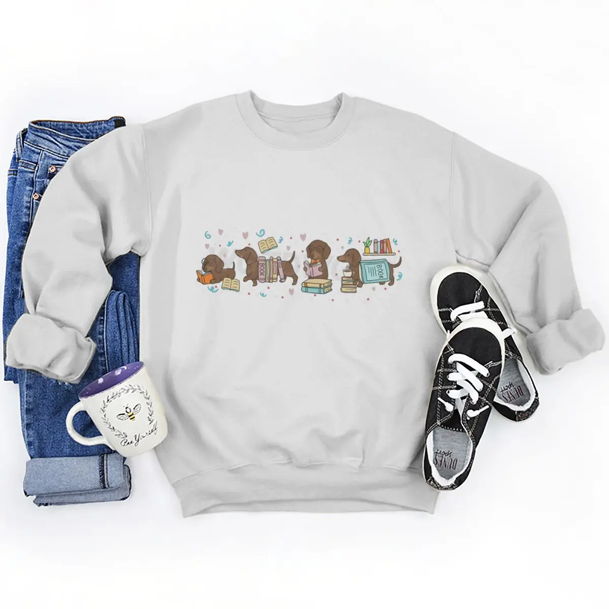 Womens Dachshund Book Lover Graphic Sweatshirts Book Lover Gift Long Sleeve Pullover Top Cute Wiener Dog Sweatshirts Tops