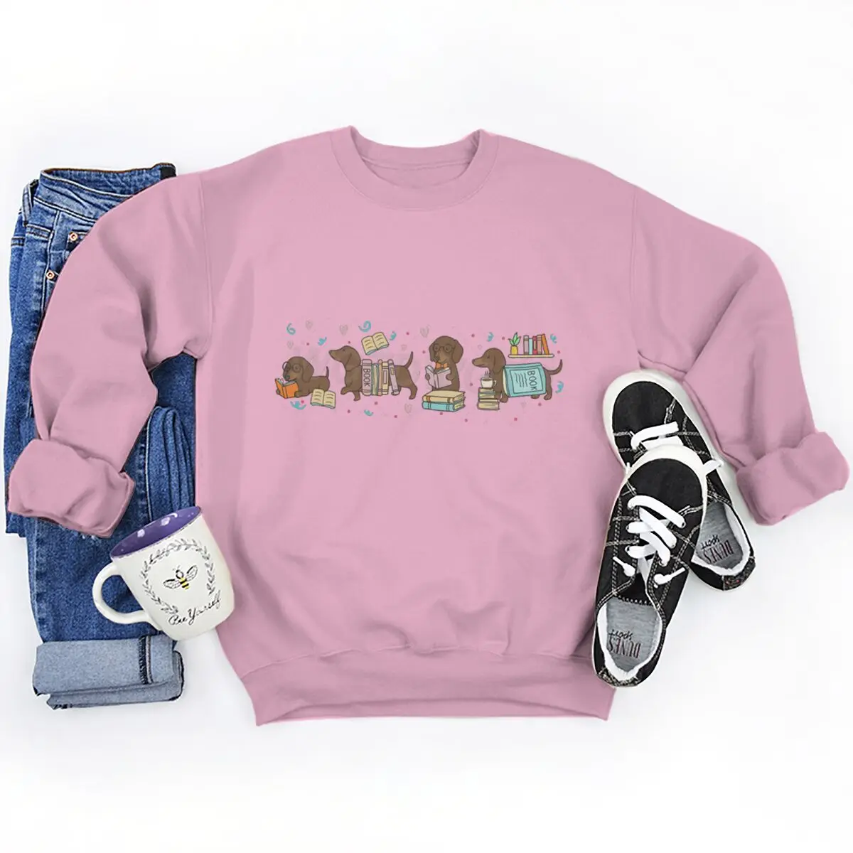 Womens Dachshund Book Lover Graphic Sweatshirts Book Lover Gift Long Sleeve Pullover Top Cute Wiener Dog Sweatshirts Tops