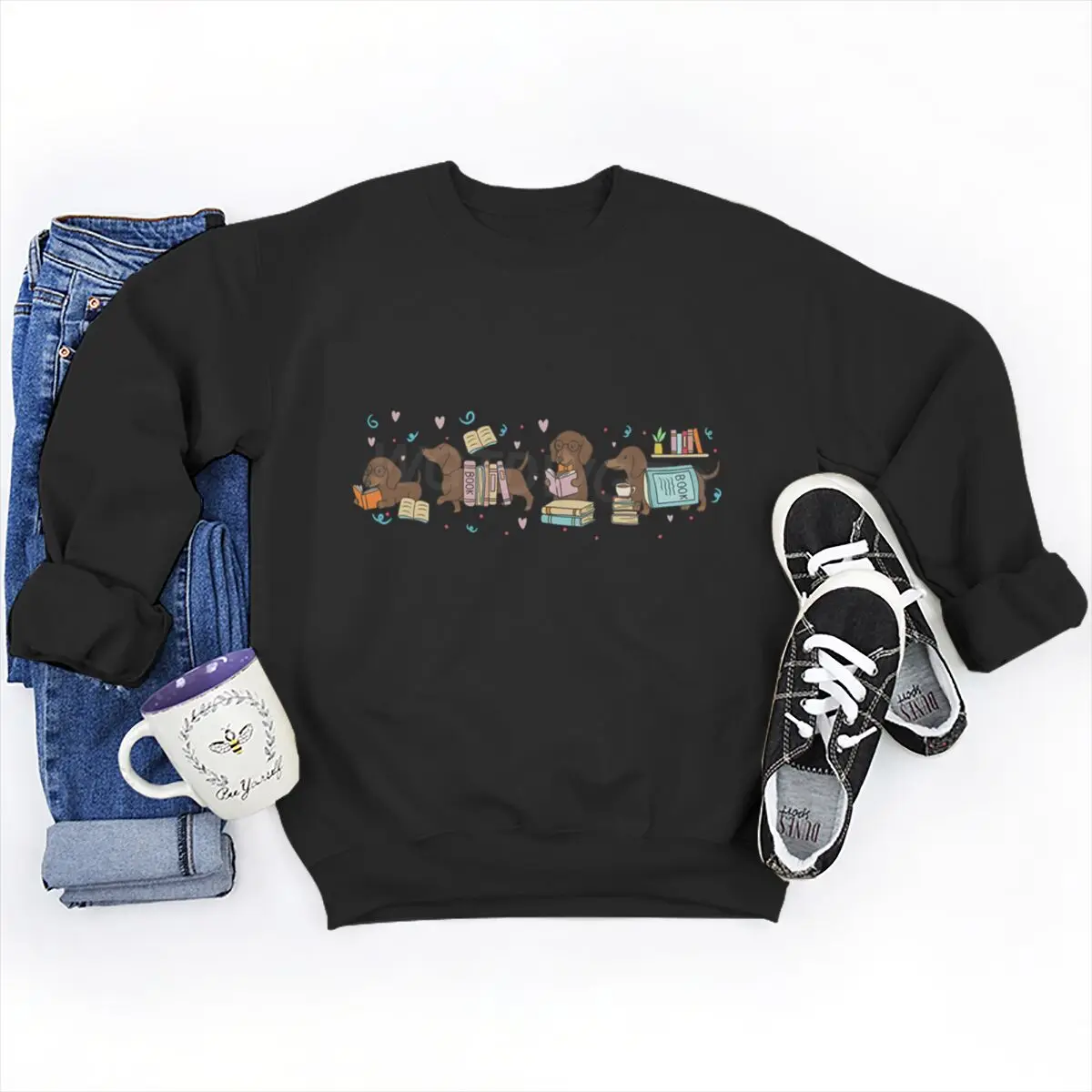 Womens Dachshund Book Lover Graphic Sweatshirts Book Lover Gift Long Sleeve Pullover Top Cute Wiener Dog Sweatshirts Tops