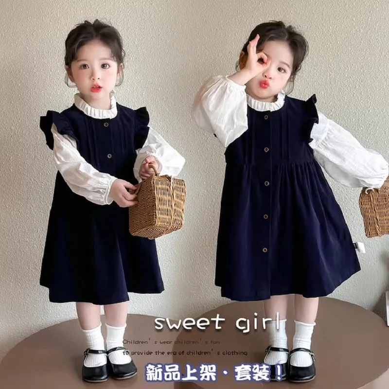 Girls' Autumn Outfit Set: New Stylish Baby Ruffle Shirt and Corduroy Vest Dress Two-Piece Set for Autumn