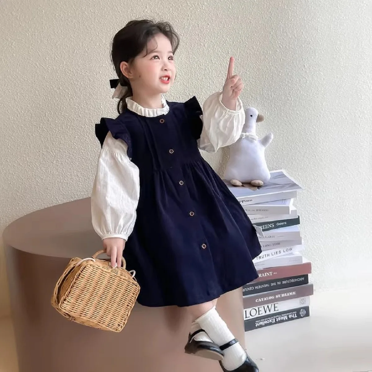 Girls' Autumn Outfit Set: New Stylish Baby Ruffle Shirt and Corduroy Vest Dress Two-Piece Set for Autumn