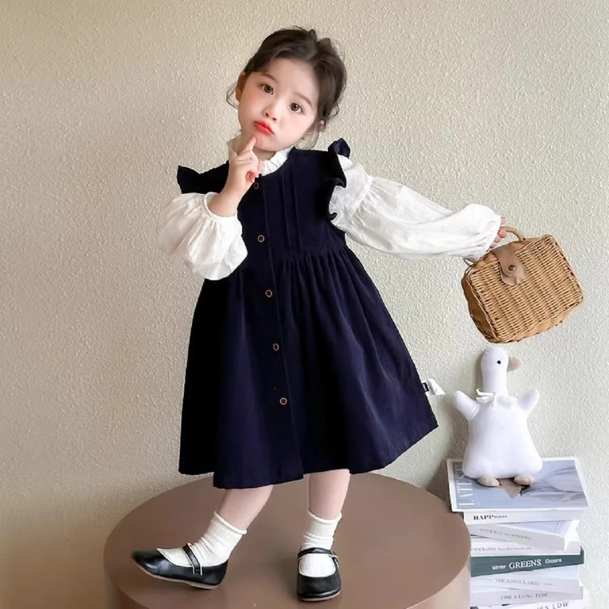 Girls' Autumn Outfit Set: New Stylish Baby Ruffle Shirt and Corduroy Vest Dress Two-Piece Set for Autumn