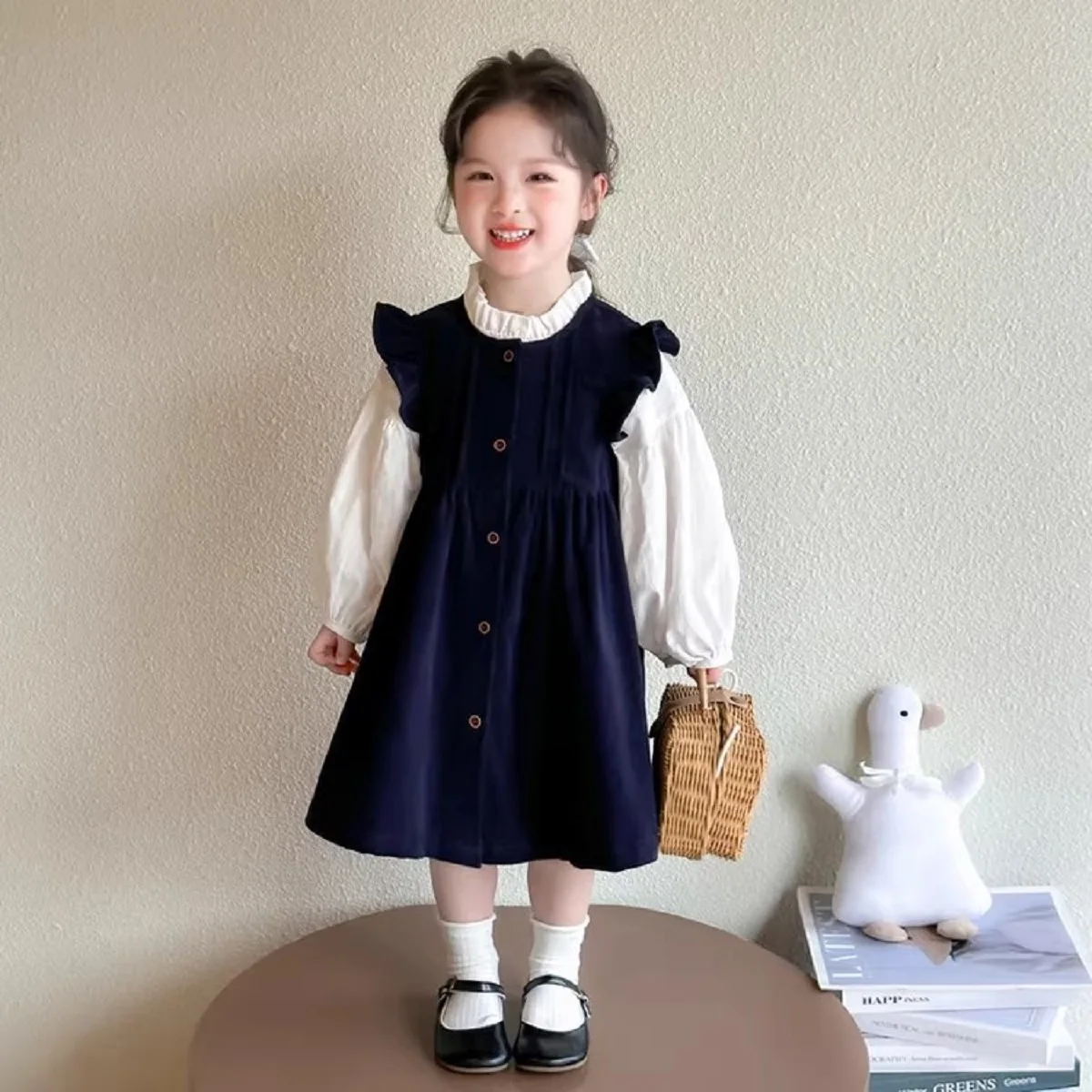 Girls' Autumn Outfit Set: New Stylish Baby Ruffle Shirt and Corduroy Vest Dress Two-Piece Set for Autumn