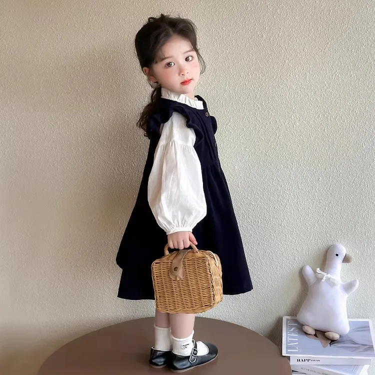 Girls' Autumn Outfit Set: New Stylish Baby Ruffle Shirt and Corduroy Vest Dress Two-Piece Set for Autumn