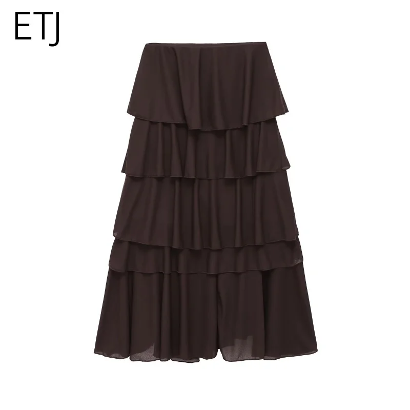 ETJ Women's Tiered Ruffle Skirt Asymmetrical Hem Long Flowy Midi Skirt 2026 Spring Fashion Elegant Layered Skirts