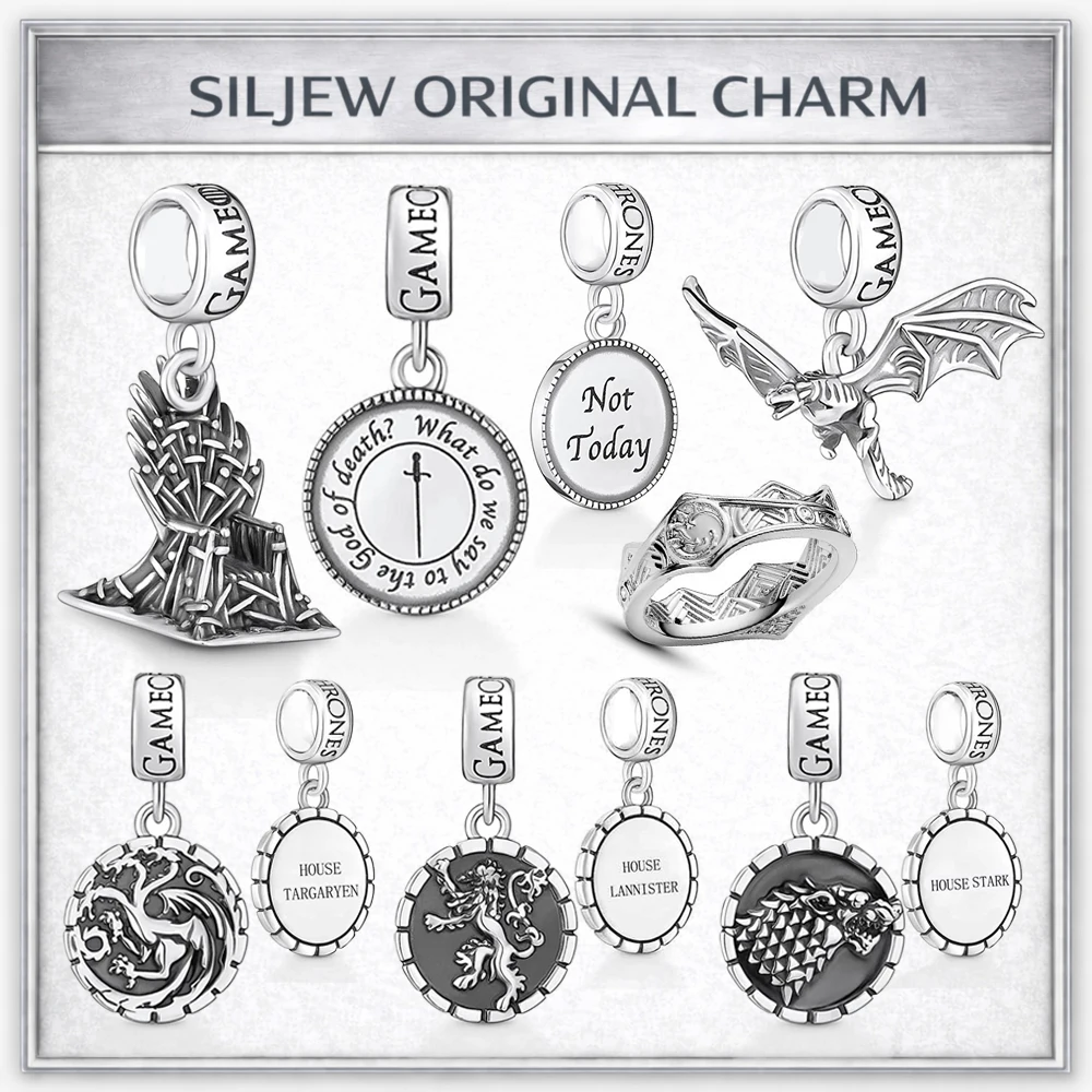 SilJew Vintage Fantasy Dragon Wolf Lion Charm 925 Silver Bead Fit Pandora Bracelet Medieval Throne Style Jewelry Gift for Women