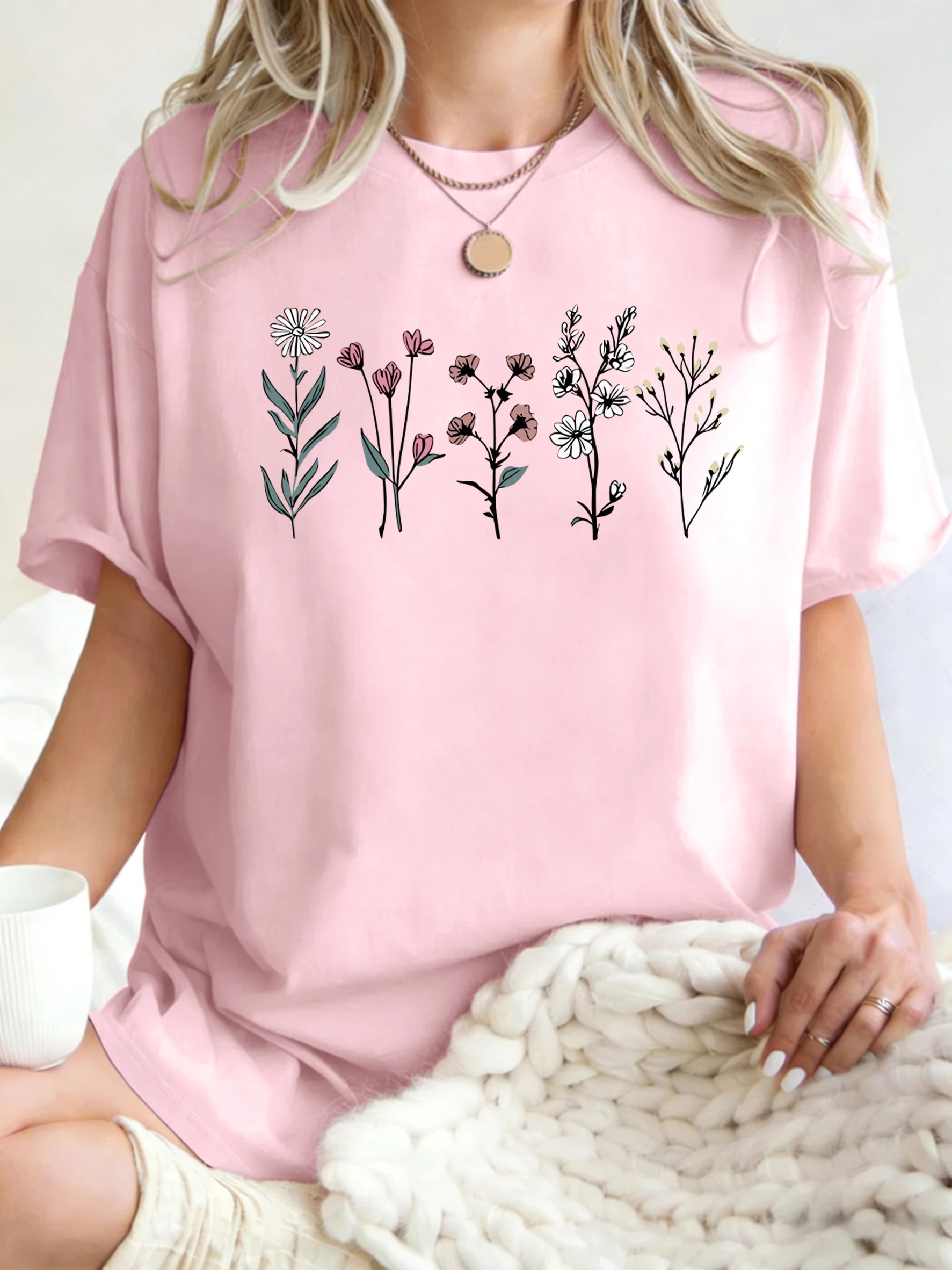 All Kinds Of Beautiful Flowers Printed T-Shirt Women Cotton Loose T Shirts All-Match Summer Clothing Comfortable Y2K Streetwear