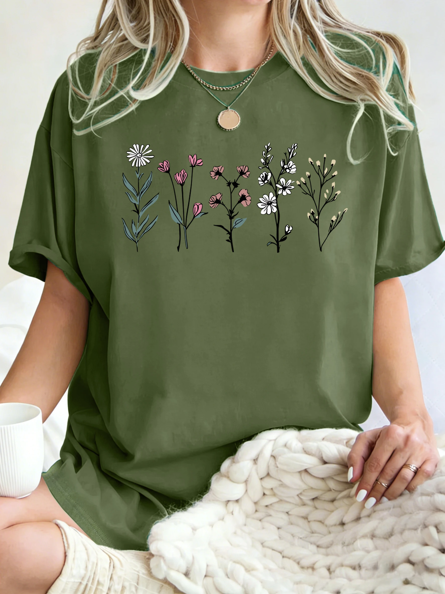All Kinds Of Beautiful Flowers Printed T-Shirt Women Cotton Loose T Shirts All-Match Summer Clothing Comfortable Y2K Streetwear