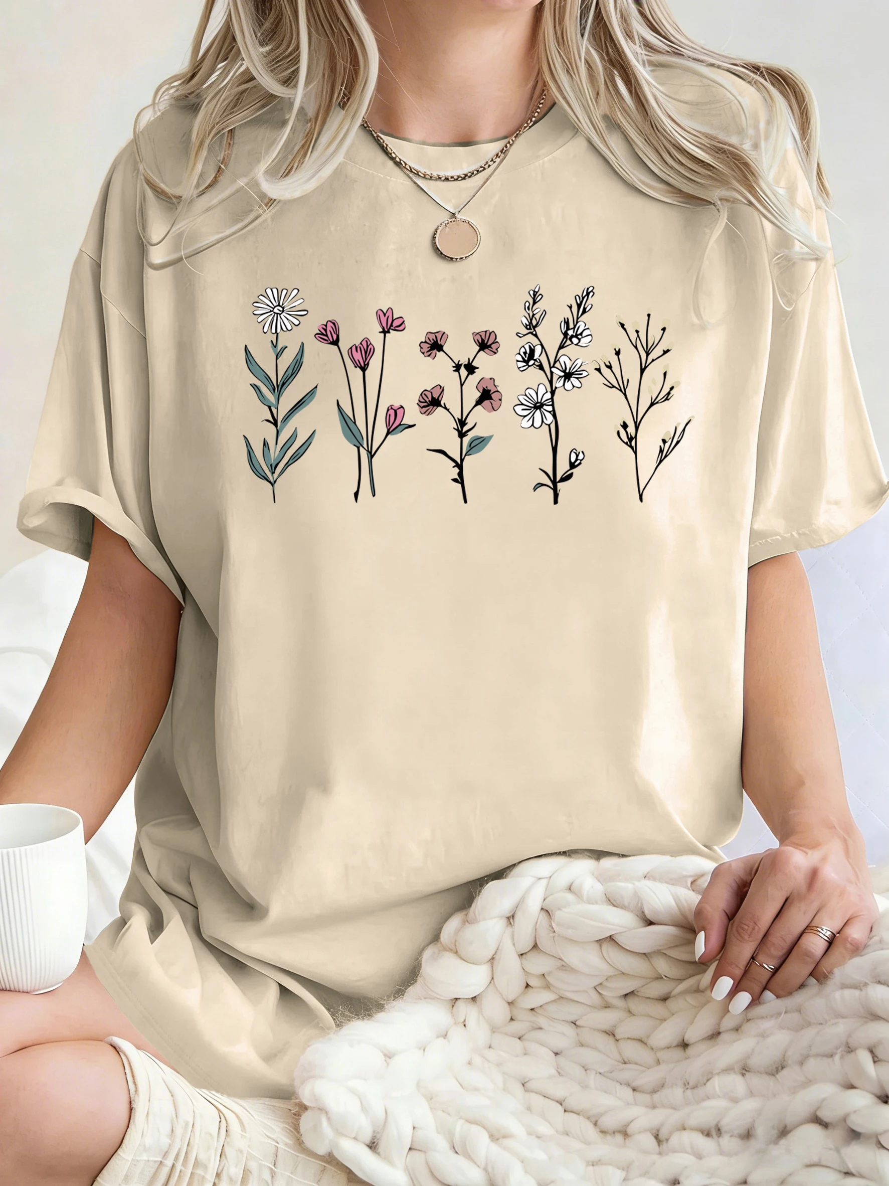 All Kinds Of Beautiful Flowers Printed T-Shirt Women Cotton Loose T Shirts All-Match Summer Clothing Comfortable Y2K Streetwear