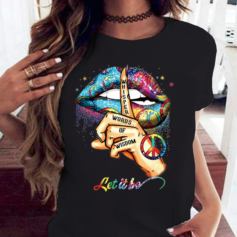 Loose Crew-neck Creative Mouth Short-sleeved T-shirt Woman Oversized T Shirt  Tops  Aesthetic Clothes Ladies Clothes T-shirts