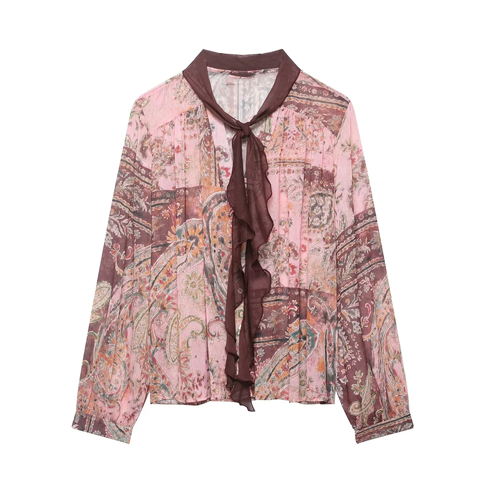 KONDALA Chic Print Women Vintage Blouse Long Sleeve Lace Bow Loose Shirt Single Breasted Casual Fashion 2026 Spring Female Shirt