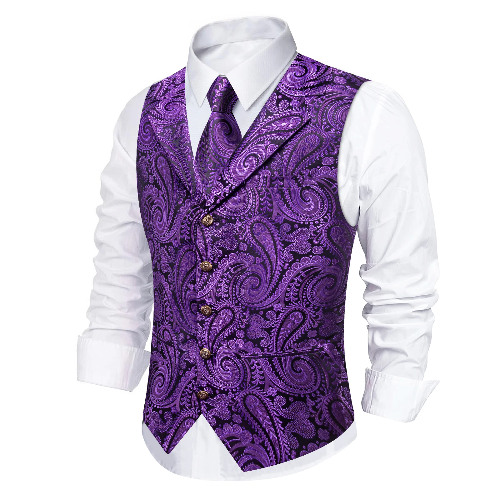 Mens Suit Golden Black Purple Orange Vest Tie Hanky Cufflinks Set Paisley Waistcoat for Male Wedding Busniess