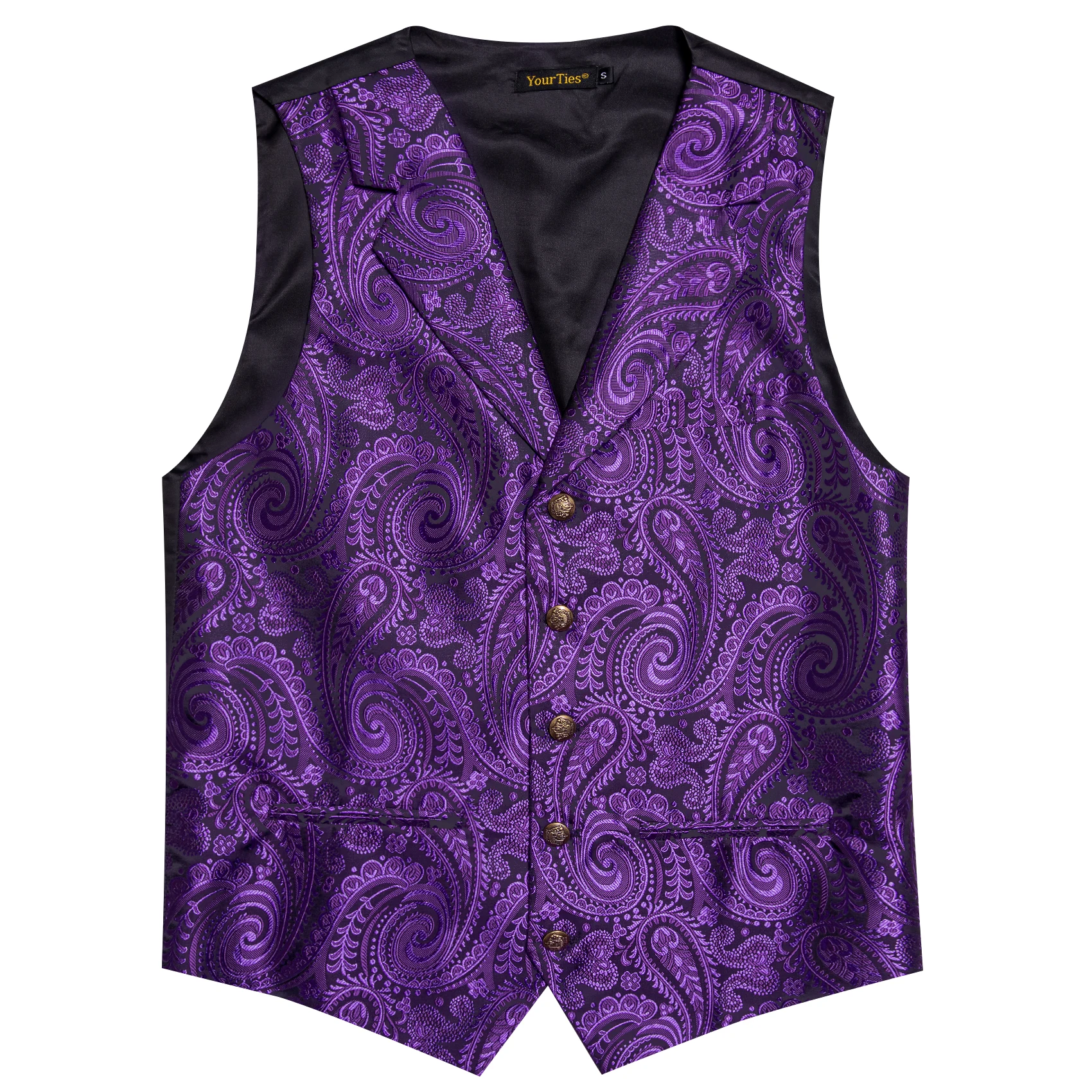 Mens Suit Golden Black Purple Orange Vest Tie Hanky Cufflinks Set Paisley Waistcoat for Male Wedding Busniess