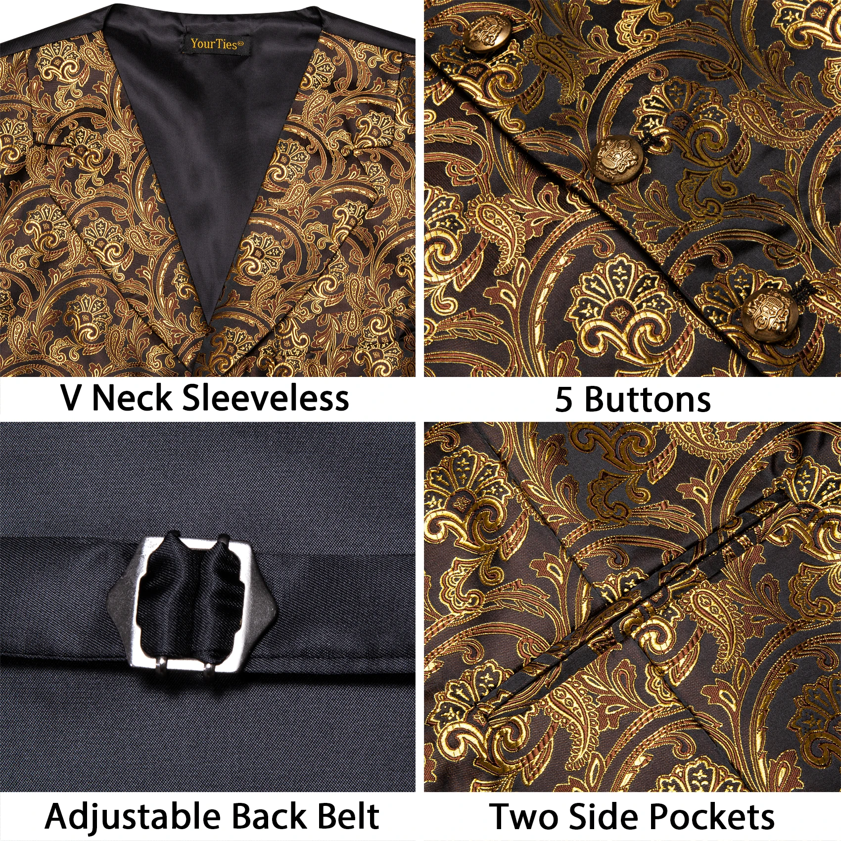 Mens Suit Golden Black Purple Orange Vest Tie Hanky Cufflinks Set Paisley Waistcoat for Male Wedding Busniess