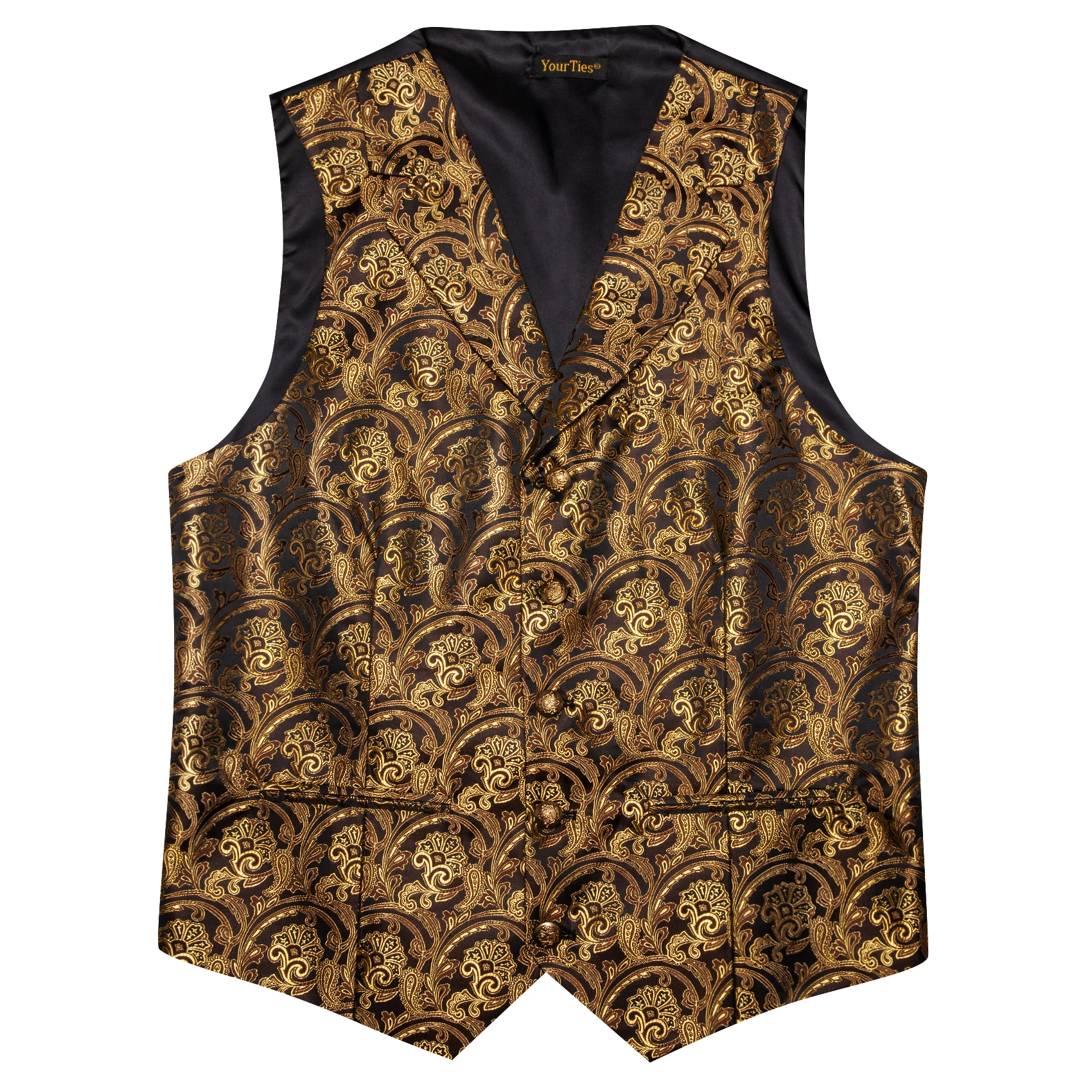 Mens Suit Golden Black Purple Orange Vest Tie Hanky Cufflinks Set Paisley Waistcoat for Male Wedding Busniess