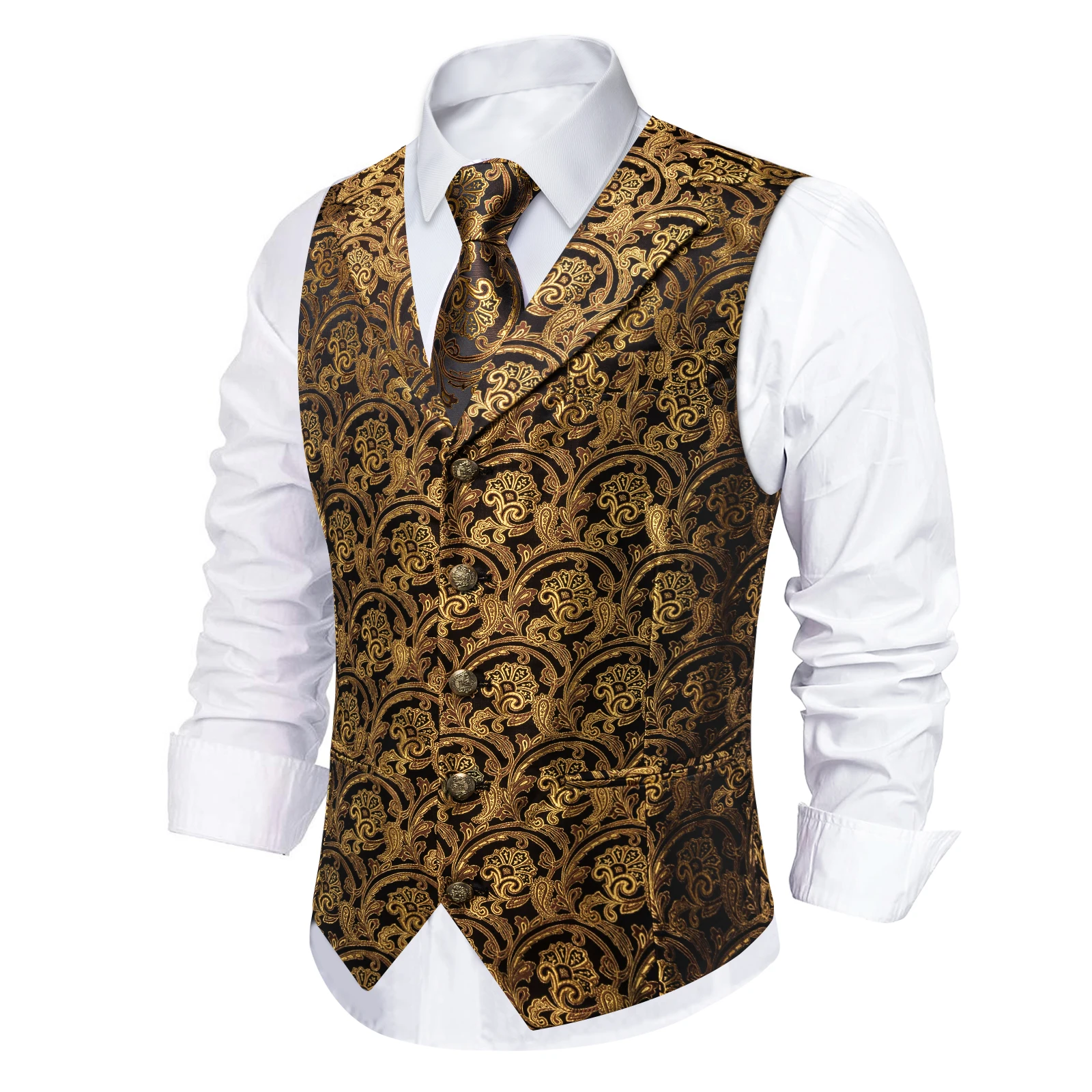 Mens Suit Golden Black Purple Orange Vest Tie Hanky Cufflinks Set Paisley Waistcoat for Male Wedding Busniess