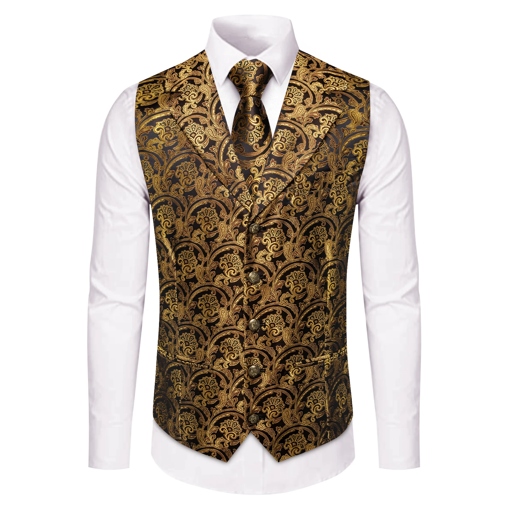 Mens Suit Golden Black Purple Orange Vest Tie Hanky Cufflinks Set Paisley Waistcoat for Male Wedding Busniess
