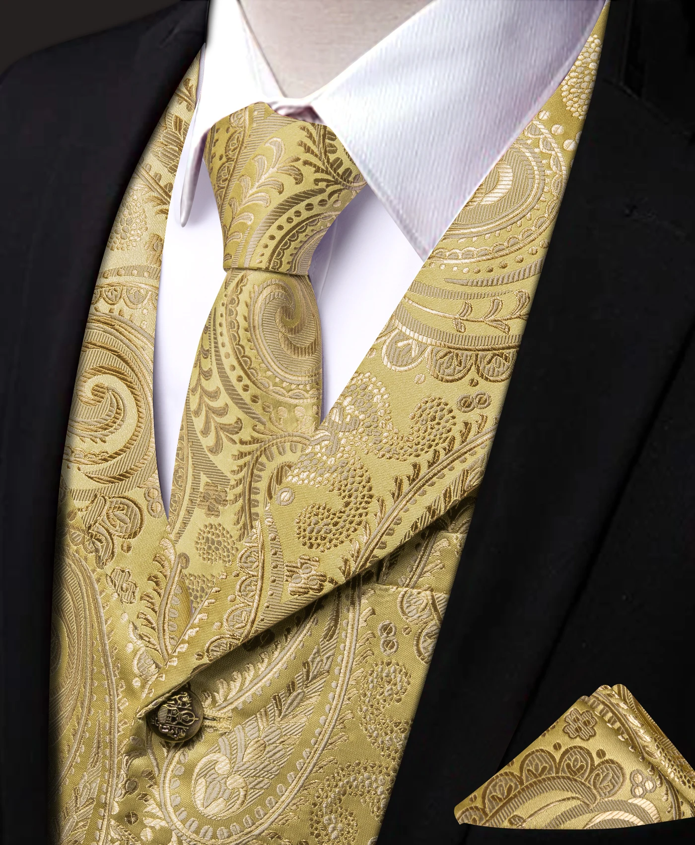 Mens Suit Golden Black Purple Orange Vest Tie Hanky Cufflinks Set Paisley Waistcoat for Male Wedding Busniess