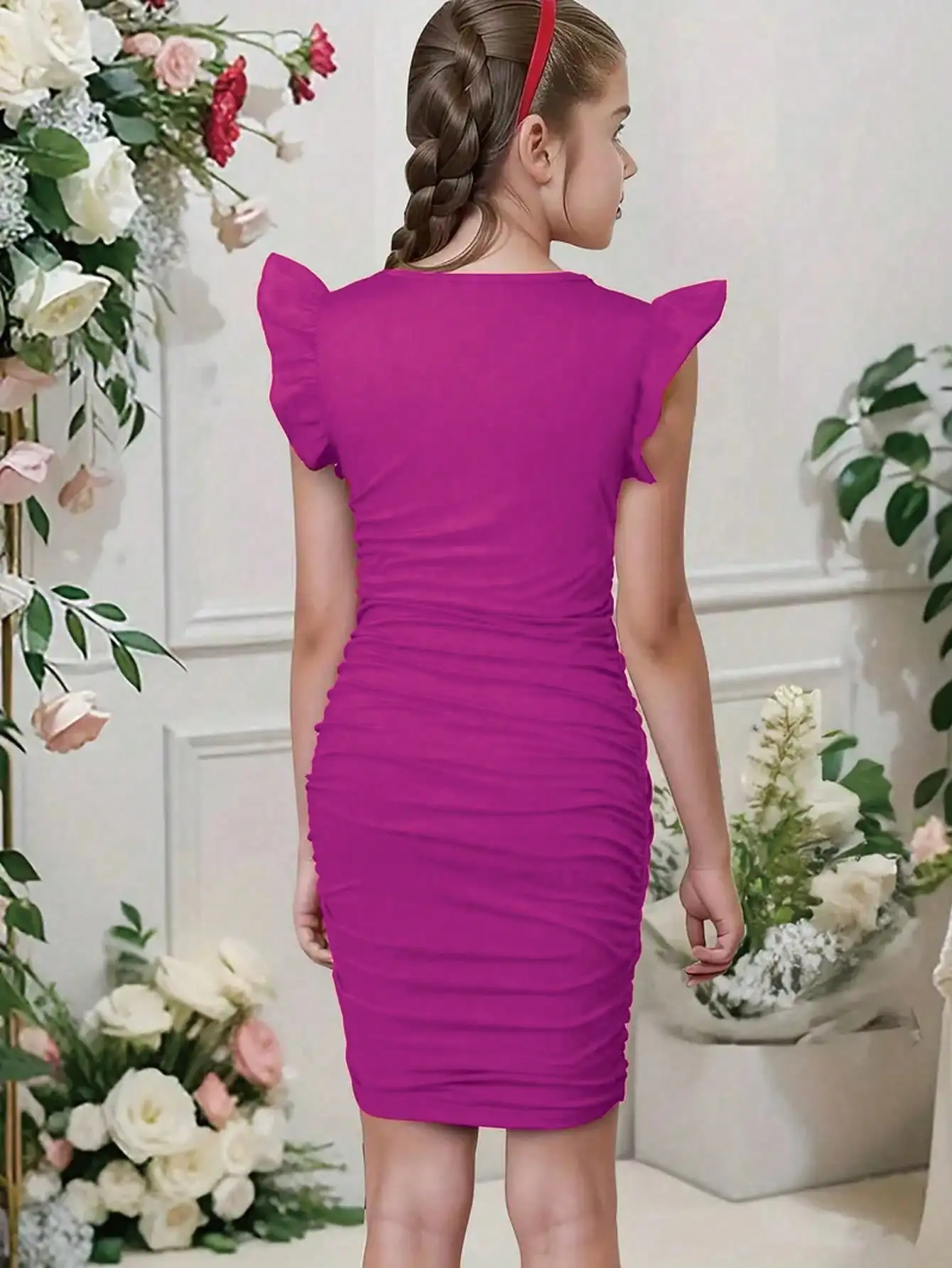 2026 Casual Spring and Summer Girls' Wrinkle Bow Solid Color Short Sleeved Round Neck Dress Long Skirt Suitable for Daily Travel