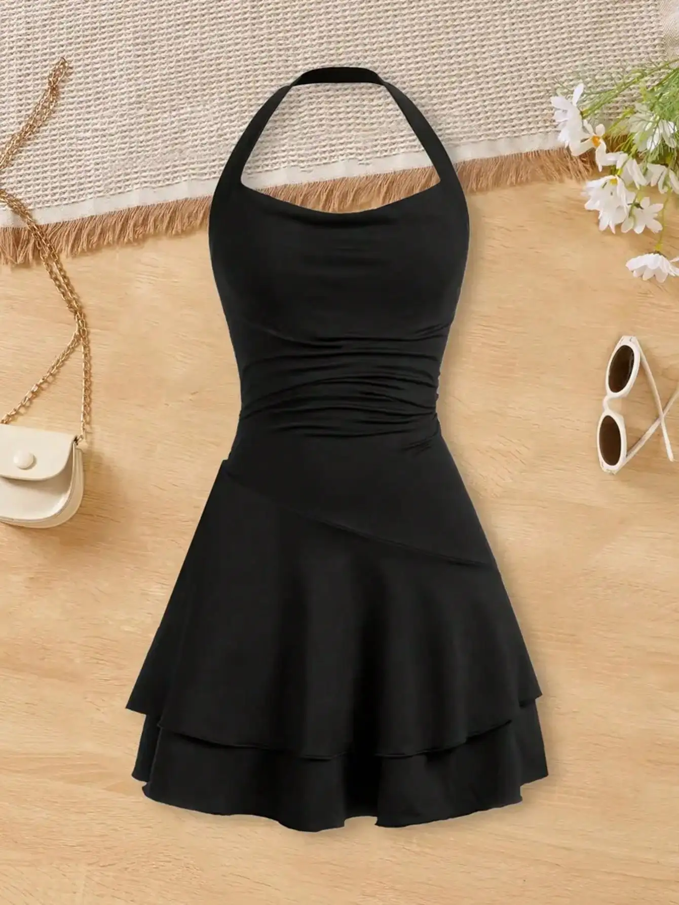 2026 Casual Spring and Summer Girls' Wrinkle Bow Solid Color Short Sleeved Round Neck Dress Long Skirt Suitable for Daily Travel