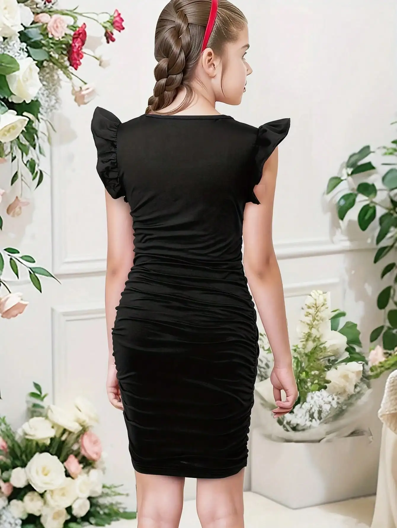 2026 Casual Spring and Summer Girls' Wrinkle Bow Solid Color Short Sleeved Round Neck Dress Long Skirt Suitable for Daily Travel