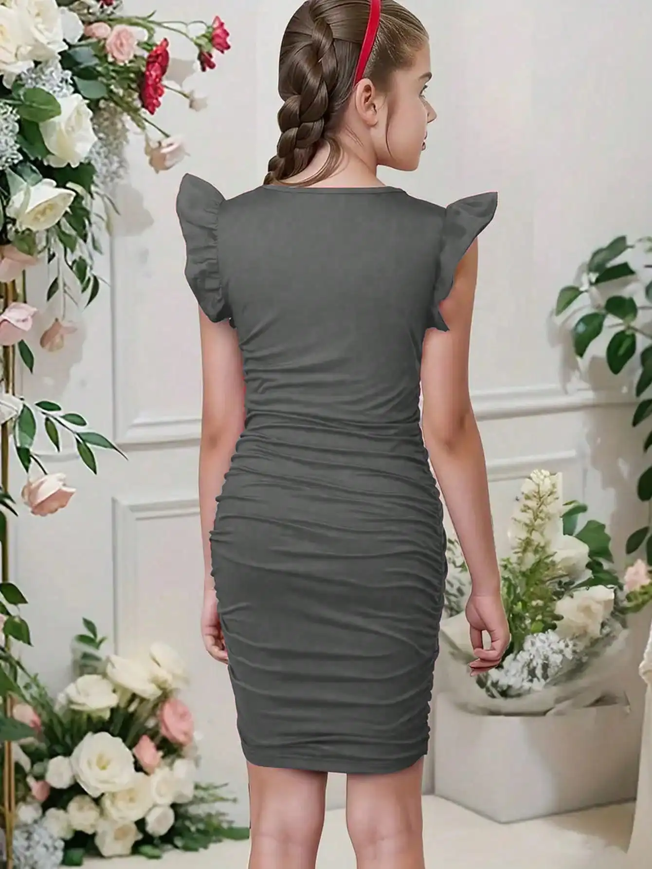 2026 Casual Spring and Summer Girls' Wrinkle Bow Solid Color Short Sleeved Round Neck Dress Long Skirt Suitable for Daily Travel