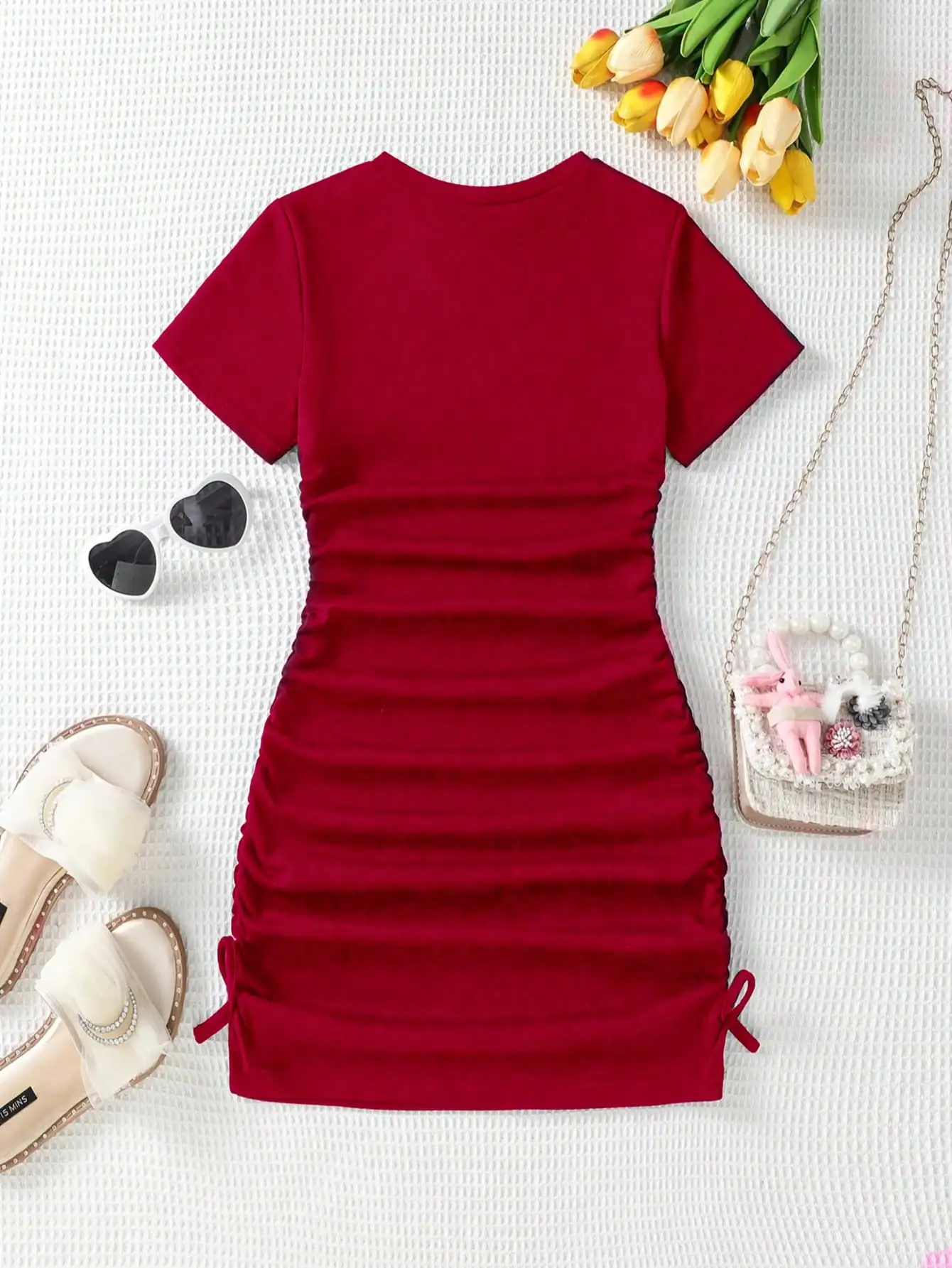 2026 Casual Spring and Summer Girls' Wrinkle Bow Solid Color Short Sleeved Round Neck Dress Long Skirt Suitable for Daily Travel