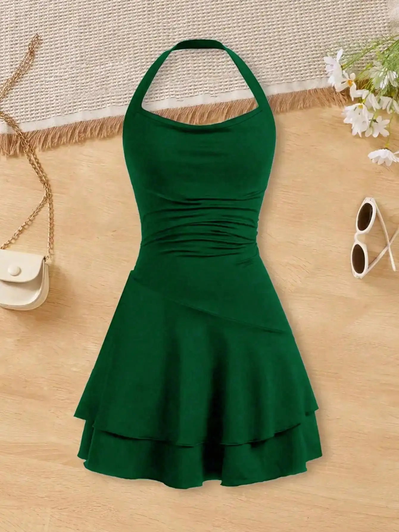 2026 Casual Spring and Summer Girls' Wrinkle Bow Solid Color Short Sleeved Round Neck Dress Long Skirt Suitable for Daily Travel