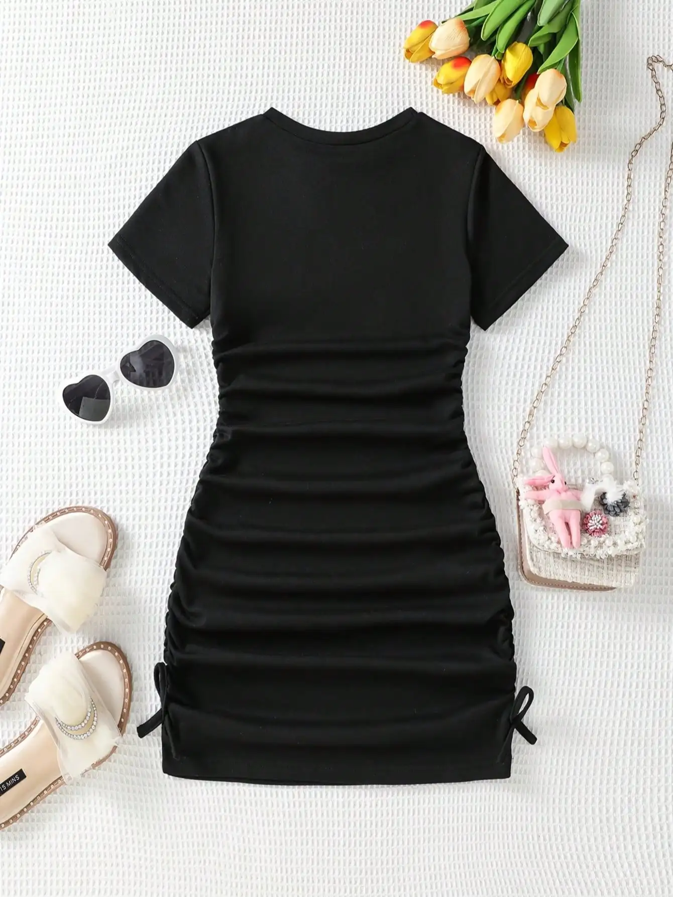 2026 Casual Spring and Summer Girls' Wrinkle Bow Solid Color Short Sleeved Round Neck Dress Long Skirt Suitable for Daily Travel