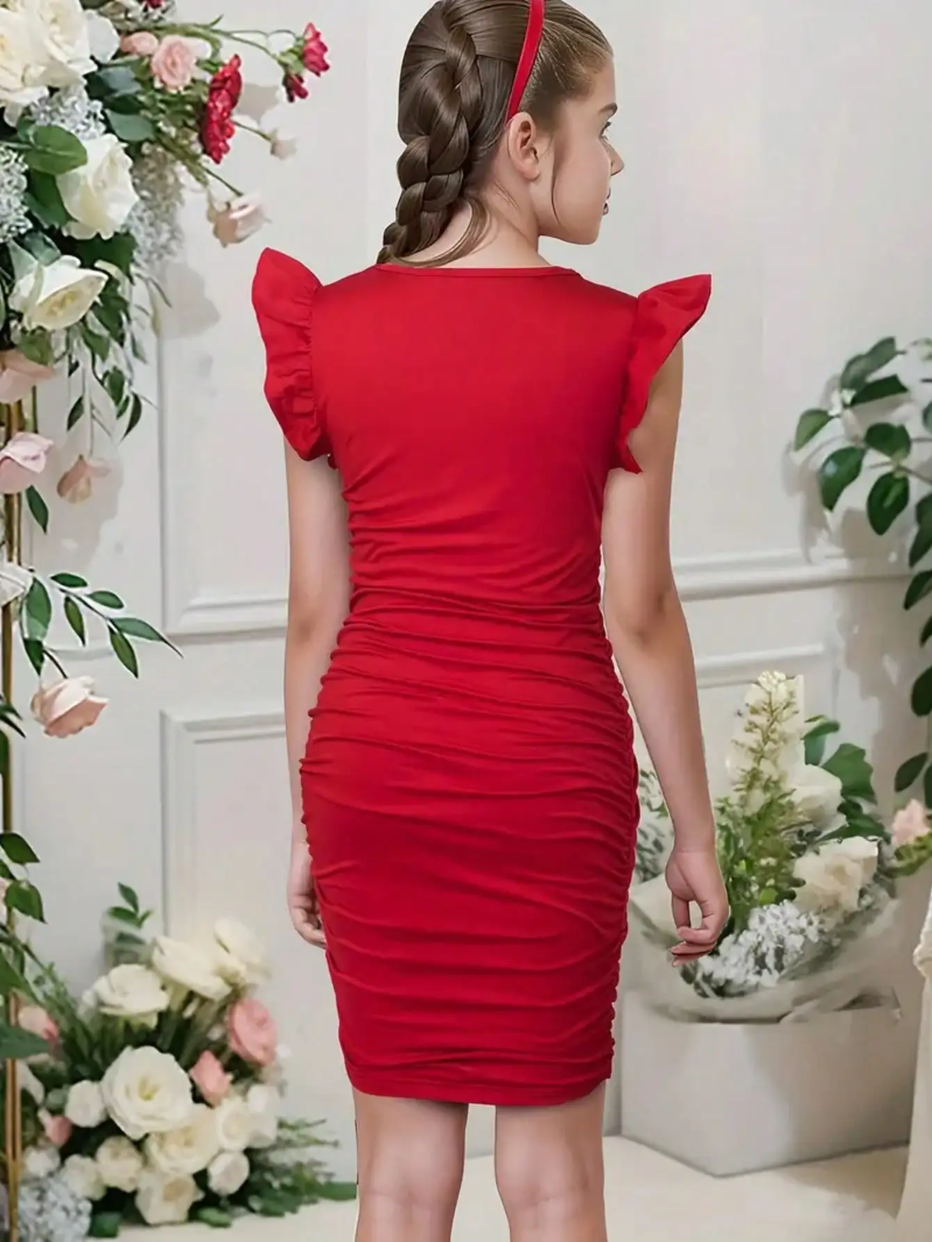 2026 Casual Spring and Summer Girls' Wrinkle Bow Solid Color Short Sleeved Round Neck Dress Long Skirt Suitable for Daily Travel