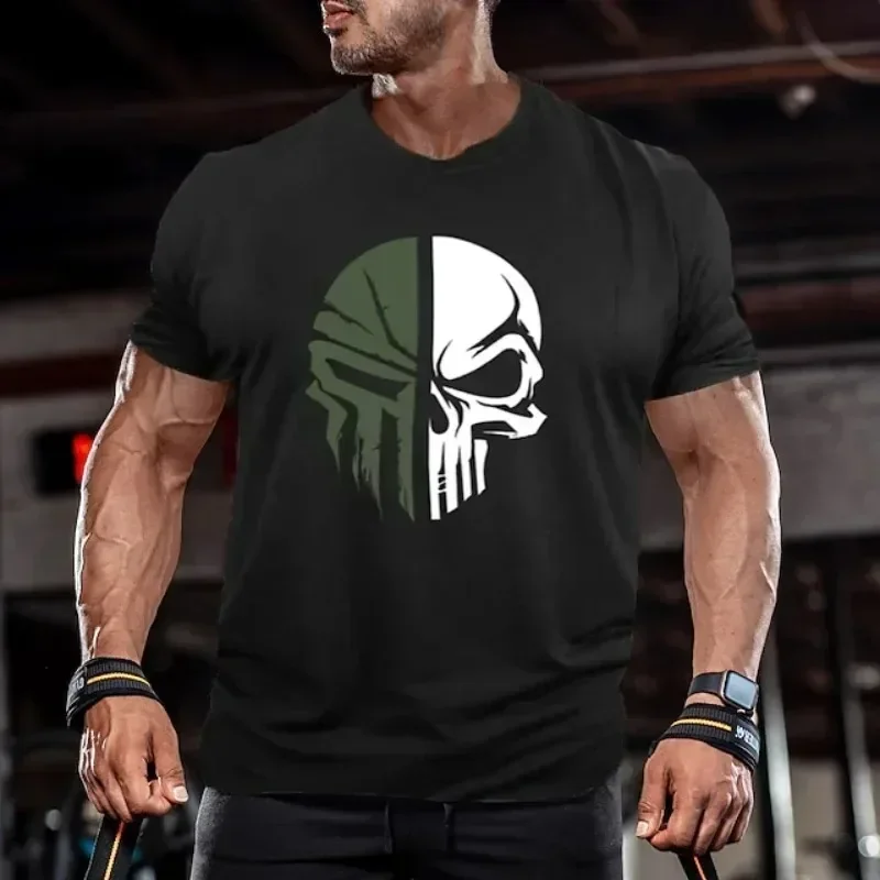 Military skull pattern 3D printed men's T-shirt, Spartan warrior, outdoor sports and fitness, casual fashionable streetwear