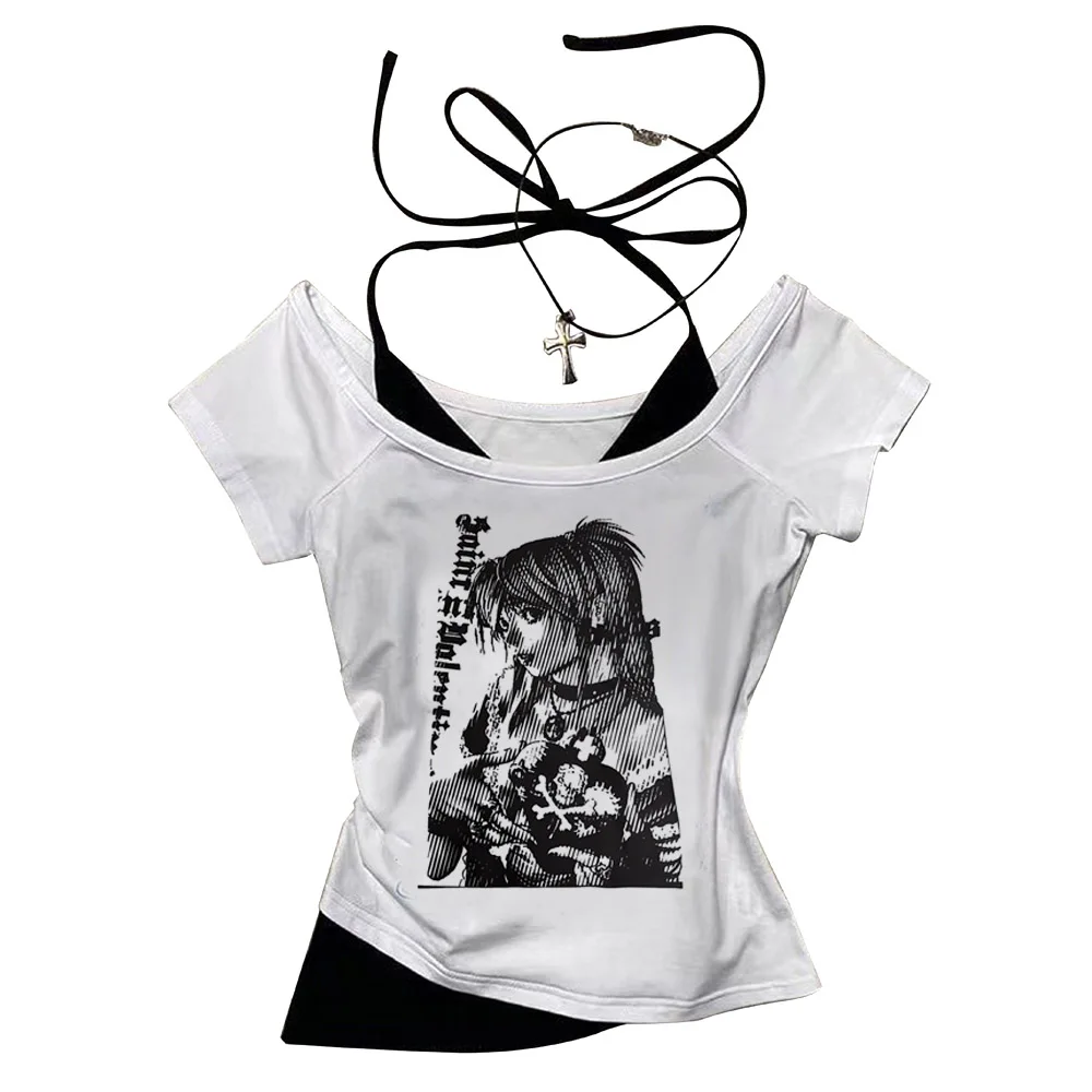 Women Harajuku Death Note Misa Amane Cropped Crop Tops Gothic Print Solid Camis Summer Casual Sleeveless Strap Top Y2k Tees