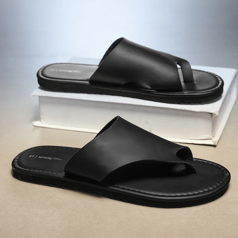 High Quality Mens Slippers Fashion Flip Flops Leather Breathable Sandals Non-slip Casual Footwear Lightweight Clogs Roman Flats