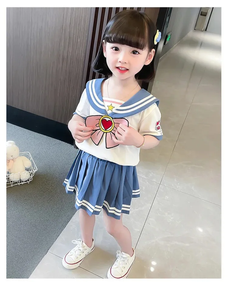 Baby Girls Clothes Sets Summer Bow Striped Tops Pleated Skirts Suits Cute Sailor Moon Cosplay Party Custume Children Clothes Set