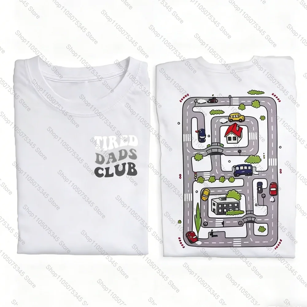 Fun and Tired Dad Club Printed T-Shirt Kid Play Cars on Dad Back Race Track Mat Short-sleeved Street Casual Fashion Top Clothing