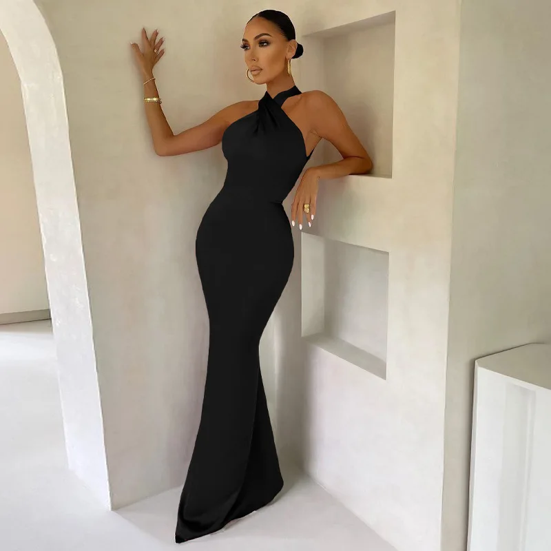 Women's Vestidos De Fiesta Elegantes Vestidos  Elegant Halter Neck Twist Front Maxi Dress  Slim Fit Evening Party Gown
