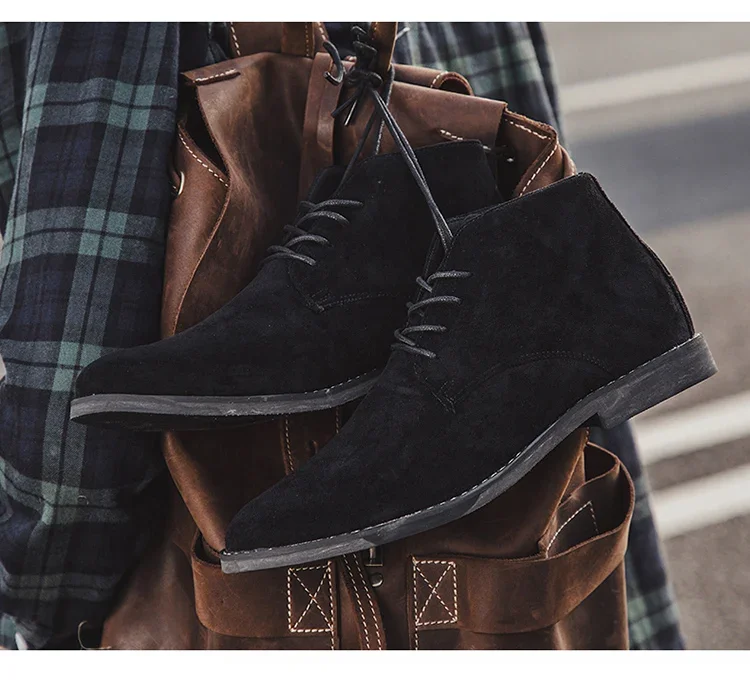 Fashion Brown Chelsea Boots Men British Style High Top Suede Leather Shoes For Men Lace-up Pointed Toe Design Men's Ankle Boot