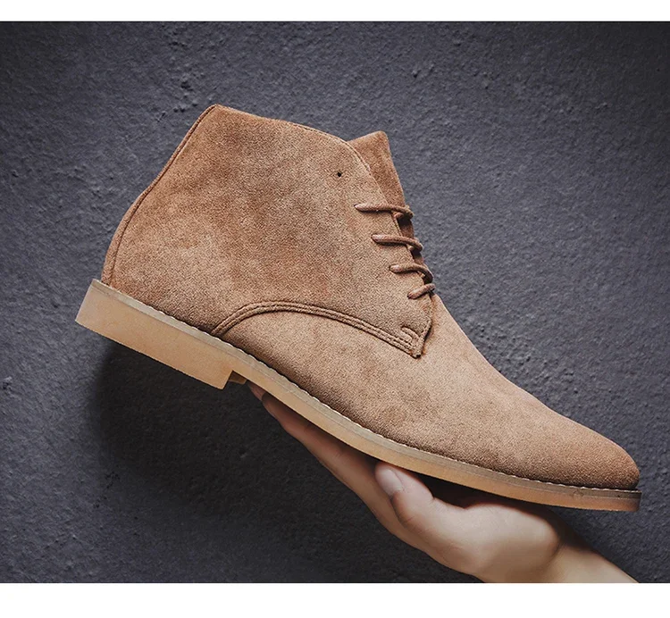 Fashion Brown Chelsea Boots Men British Style High Top Suede Leather Shoes For Men Lace-up Pointed Toe Design Men's Ankle Boot