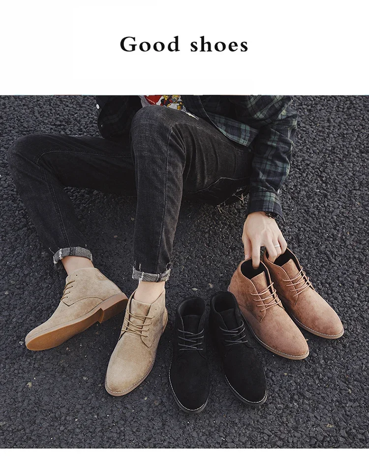 Fashion Brown Chelsea Boots Men British Style High Top Suede Leather Shoes For Men Lace-up Pointed Toe Design Men's Ankle Boot
