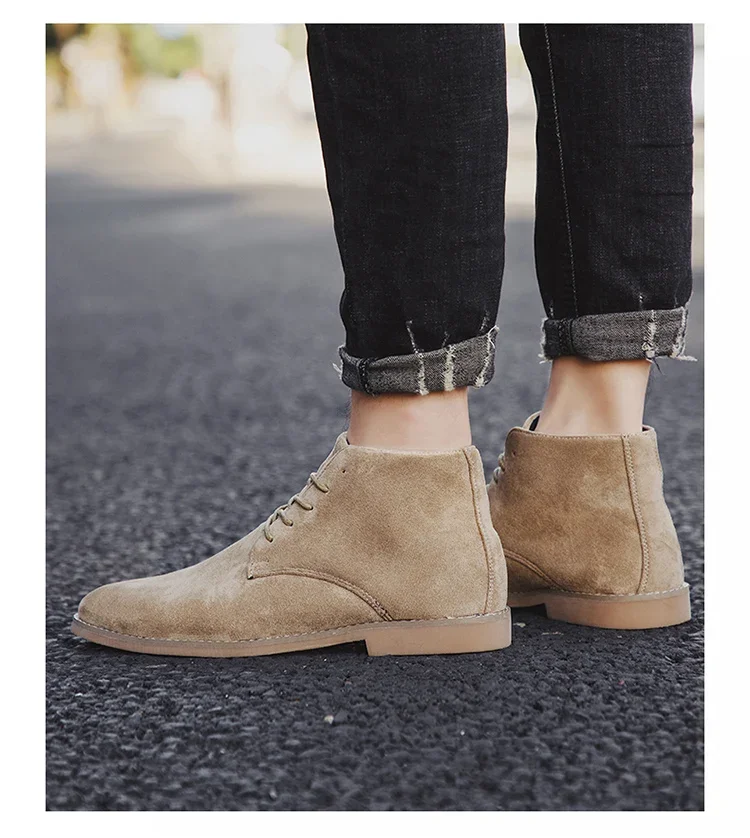 Fashion Brown Chelsea Boots Men British Style High Top Suede Leather Shoes For Men Lace-up Pointed Toe Design Men's Ankle Boot